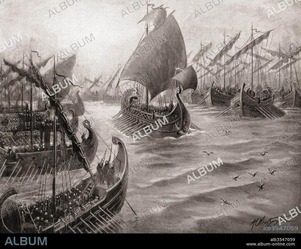 Cimon takes command of the Greek fleet of the Delian League of Athens before his expedition in 466 BC during the course of which he destroyed the Persian fleet and army at the Battle of the Eurymedon river. Cimon, 510 – 450 BC. Athenian statesman and strategos, or army leader, in mid-5th century BC Greece. From Hutchinson's History of the Nations, published 1915.