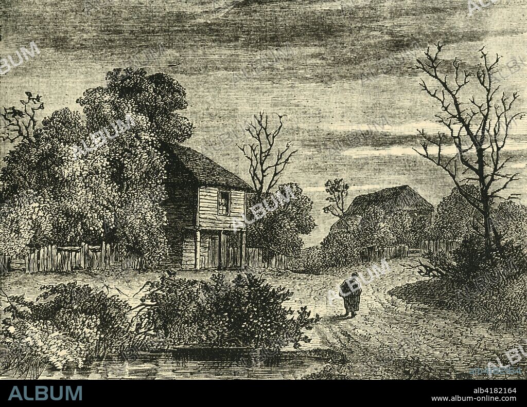 'Margaret Finch's Cottage, Norwood in 1808', (c1878). House in what was the village of Norwood, (now part of greater London), lived in by Margaret Finch, 'Queen of the Gipsies'. She apparently told fortunes, smoked a pipe, and lived till 108. From Old and New London: A Narrative of Its History, Its People, And Its Places. The Southern Suburbs, Volume VI, by Edward Walford. [Cassell, Petter, Galpin & Co., London, Paris & New York, c1878].