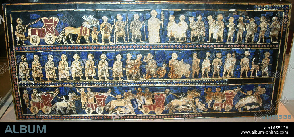 The Standard of Ur, Sumerian artefact excavated from what had been the Royal Cemetery in the ancient city of Ur, dates from around 2600-2400 BC. Excavated by British archaeologist Sir Leonard Woolley in the 1920s. A hollow wooden box measuring 21.59 x 49.53 cm, inlaid with a mosaic of shell, red limestone and lapis lazuli. It is currently in a reconstructed state. The Standard of Ur has two main panels, 'Peace' and 'War'. War, here, is one of the earliest representations of a Sumerian army, engaged in what is believed to be a border skirmish and its aftermath.