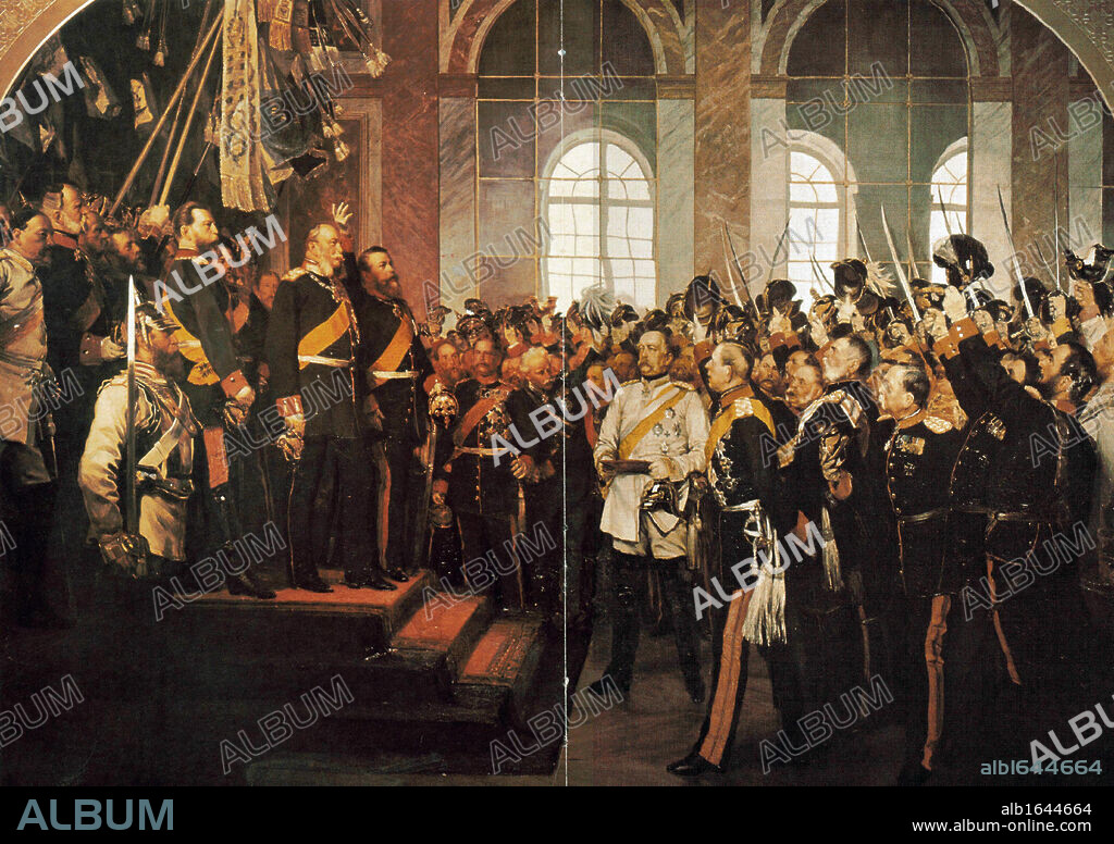 Wilhelm I (1859-1888) King of Prussia from 1861, being proclaimed first Emperor of Germany, 1871. After the defeat of France in the Franco-Prussian War of 1870-1871, as a gesture of further humiliation of the French, on 18 January 1871 Wilhelm was crowned in the Hall of Mirrors at Versailles. the palace built by Louis XIV. Otto von Bismarck, German Chancellor, in which coat in centre.