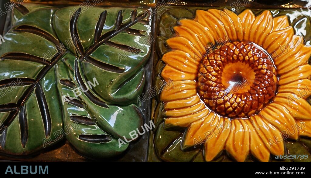 Flower and leaf ceramic tile, from the Casa Vicens in Barcelona, Spain, designed by Antoni Gaudi. one of the first buildings of Art-nouveau and was the first house designed by Gaudi.
