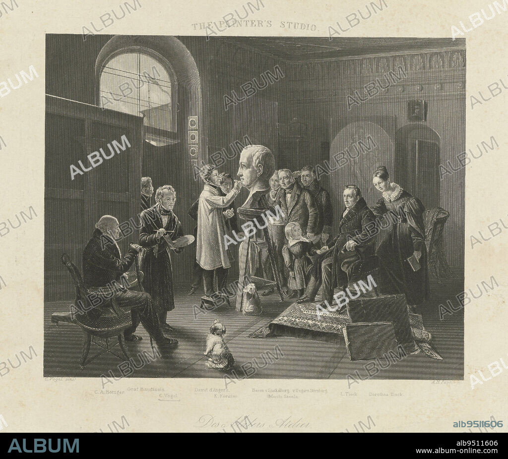 Atelier with artists and writers The Painter's Studio, Des Malers Ateliers , print maker: Albert Henry Payne, (mentioned on object), after: Carl Christian Vogel von Vogelstein, (mentioned on object), Leipzig, c. 1845 - 1902, paper, etching, h 196 mm × w 245 mm.