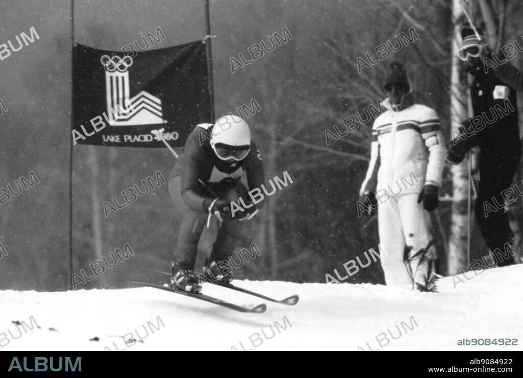 1980 Winter Olympics - Lake Placid, USA. Marie Therese Nadig (Switzerland) won the bronze medal after a very hard contest in the womens alpine downhill skiing event. 17 February 1980.