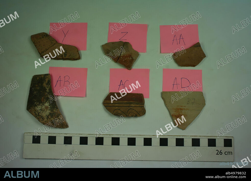 Egypt, shards, earthenware, A, 3.4 x 3.1 cm, B, 5.3 x 3.9 cm, C, 3.1 x 3.6 cm, D, 2.9 x 3.0 cm, E, 1.2 x 5.0 cm, F, 1.5 x 2.4 cm, , G, 3.4 x 3.0 cm, Ø = 20, H, 3.8 x2.4 cm, I, 3.0 x 1.9 cm, J, 2.8 x 3.3 cm, K, 3.6 x 2.0 cm, L, 2.2 x 3.0 cm, M, 2.6 x 3.0 cm, N, 2.5 x 2.8 cm, O, 1.4 x 2.7 cm, P, 1.7 x 2.0 cm, Q, 1.0 x 1.0 cm, R, 4.0 x 4.9 cm, S 2.4 x 2.9 cm, T, 2.1 x, 2.5, U, 1.5 x 2.0 cm, V, 3.2 x 2.0 cm, W, 1.3 x 0.5 cm, X, 2.1 x 2.6 cm, Y, 5.0 x 3.2 cm, X, 4.2 x 3, AA, 3.9 x 2.5 cm, AB, 4.1 x 6.8 cm, Ø = 12, AC, 5.2 x 2.9, Ø = 11, AD, 5.5 x 4.7, Ø = 12, AE, 4.0 x 3.9 cm, AF, 4.2 x 4.2 cm, AG, 2.8 x 2.5, cm, AH, 9.6 x 3.8 cm, AI, 6.7 x 6.8 cm, Meroitic Period, 2nd-4th century AD, Egypt.