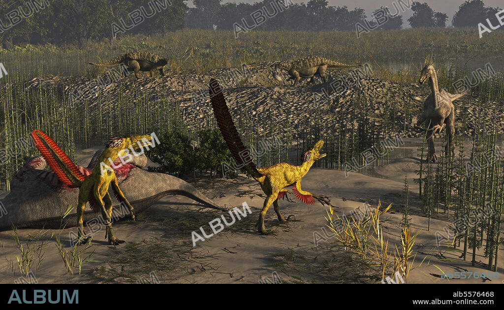 Achillobator, Segnosaurus and Talarurus during the Bayan Shireh Formation of China.. Fauna of the Bayan Shireh Formation of China in what is now the eastern Gobi Desert. About 95-90 million years ago this area was lush and warm with floodplains and river systems. Achillobator is among the largest of Dromaeosaurs. Segnosaurus was a large Theriznosaur in the region and Talarurus an early Ankylosaurid.