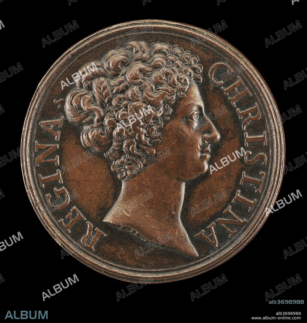 GIOVANNI HAMERANI. Christina of Sweden, 1626-1689, Queen 1632-1654 [obverse]. Dated: 1680. Dimensions: overall (diameter): 3.63 cm (1 7/16 in.)  gross weight: 21.45 gr (0.047 lb.)  axis: 12:00. Medium: bronze.
