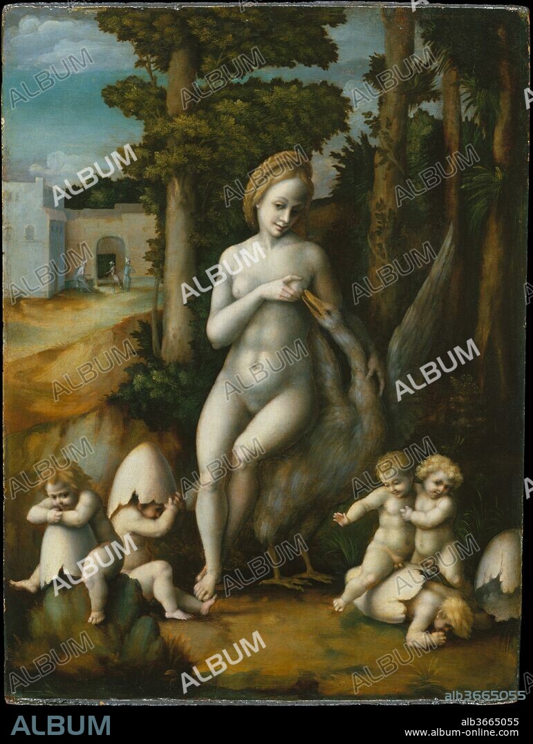 Leda and the Swan. Artist: Bachiacca (Francesco d'Ubertino Verdi) (Italian, Florence 1494-1557 Florence). Dimensions: Overall 16 7/8 x 12 1/2 in. (42.9 x 31.8 cm); painted surface 16 1/2 x 12 1/2 in. (41.9 x 31.8 cm).