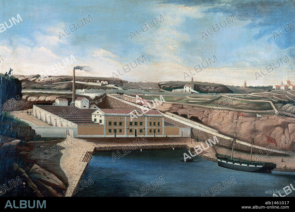 "LA INDUSTRIAL MAHONESA". Fábrica situada en la Cala Figuera en el puerto de Maó y que desde el año 1856 se dedicaba a la producción de tejidos de algodón. Oleo sobre lienzo. Colección particular. Menorca. Islas Baleares. España.