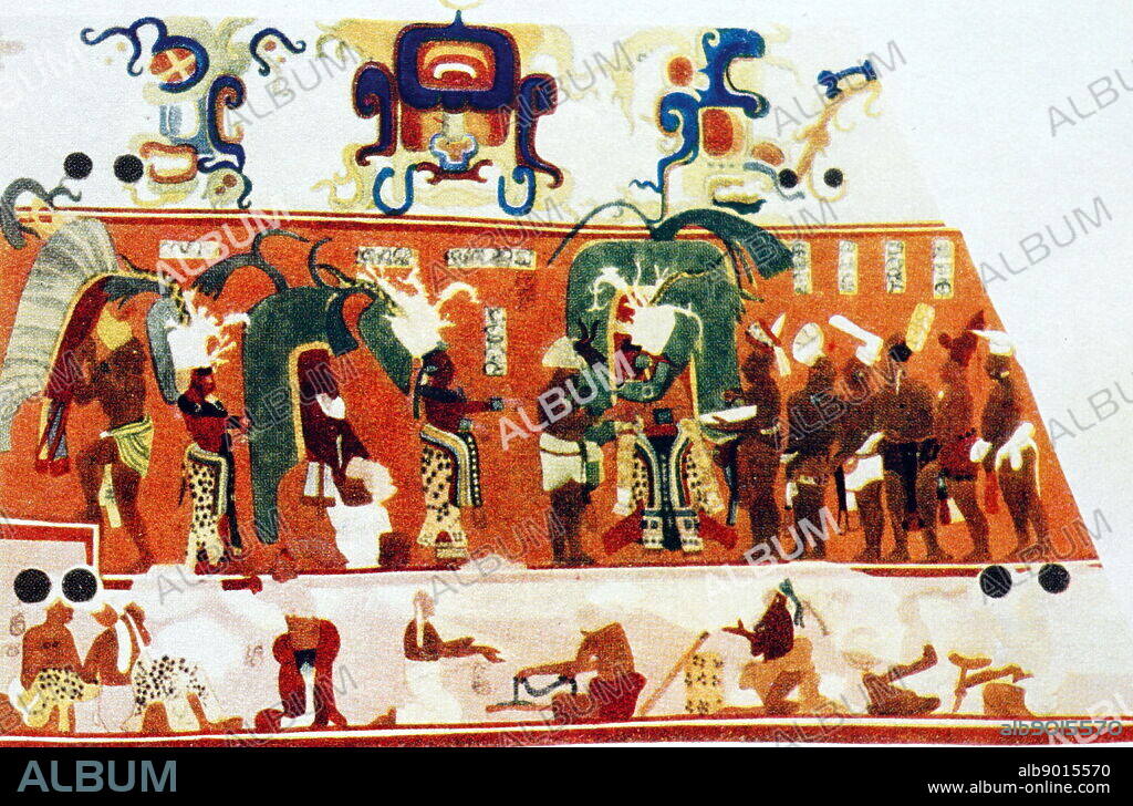 Temple murals painted on the walls at Bonampak, an ancient Maya archaeological site in the Mexican state of Chiapas. known for the murals located within the three roomed Structure 1 (The Temple of the Murals). The construction of the site's structures dates to the Late Classic period (c. AD 580 to 800). The Bonampak murals are noteworthy for being among the best-preserved Maya murals.