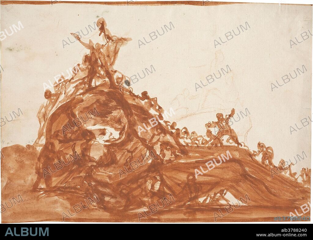 Francisco de Goya y Lucientes / 'Personajes trepando sobre un gigante acostado'. 1816 - 1819. Aguada roja, Sanguina sobre papel verjurado, ahuesado, 234 x 330 mm.
