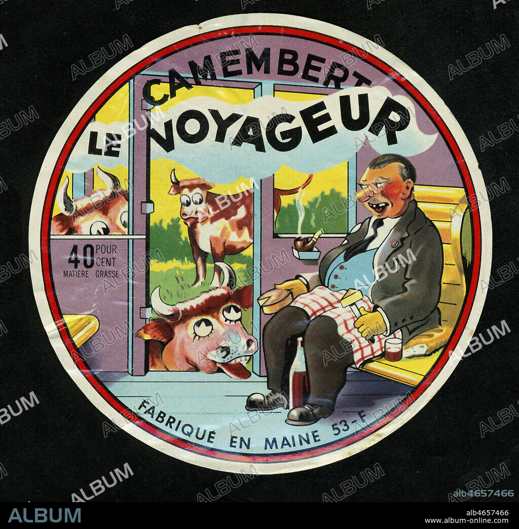 Camembert Le Voyageur. Etiquette de fromage fabrique en Maine. vers 1950. Credit : Collection Grob/KHARBINE-TAPABOR.