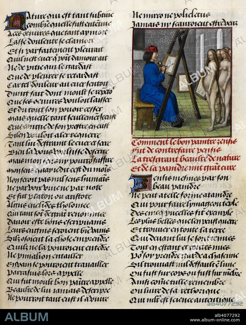 GUILLAUME DE LORRIS y JEAN DE MEUN. Text and miniature of the painter Zeuxis painting nude models from nature. . Roman de la Rose. Netherlands, S. (Bruges); c. 1490-c. 1500. Source: Harley 4425 f.142. Language: French.