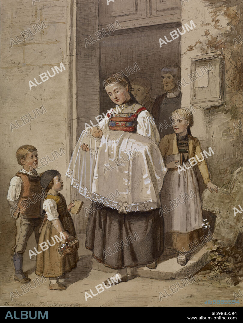 HUBERT SALENTIN. Peasant Girl Holding Baby in Christening, 1863.