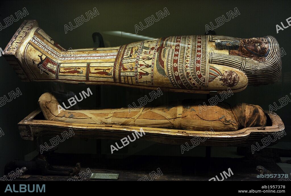 Egyptian art. Sarcophagus with mummy. Anubis-jackal and sokar-falcons. Figures like these were placed upon the coffin in the Late Period. The Ba-Bird represent a soul. Wood. Late Period-Ptolemaic Period, 664-30 BC. National Museum of Denmark.