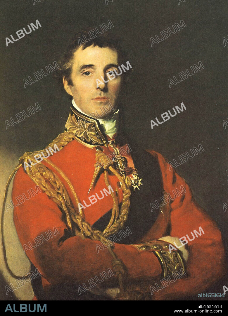 Arthur Wellesley, lst Duke of Wellington (1760-1852) Anglo-Irish soldier and statesman.  British Prime Minister 1827. Portrait after Thomas Lawrence, 1828.  Wellington in 1814, the year before Waterloo, in military uniform. Portrait by Thomas Lawrence.