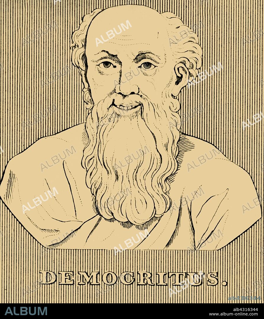 'Democritus', (c460-370 BC), 1830. Democritus (c460-370 BC) Ancient Greek pre-Socratic philosopher  remembered for his formulation of atomic theory of the universe. From "Biographical Illustrations", by Alfred Howard. [Thomas Tegg, R. Griffin and Co., J. Cumming, London, Glasgow and Dublin, 1830].