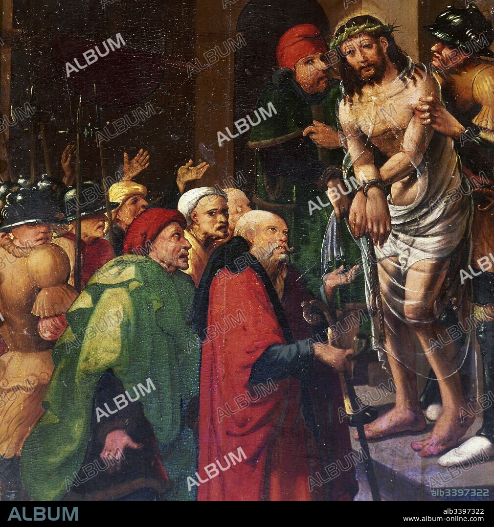 Pedro de Aponte (Zaragoza,? -Olite, 1530). Pintor activo en Aragón a finales del siglo XV. Detalle del retablo mayor de la Parroquia de San Juan Bautista, 1525-1530. Ecce Homo. Jesús aparece atado y con la corona de espina. El gobernador romano Poncio Pilato presenta a Jesús ante el pueblo para sea éste quien decida condenarle. Cintruénigo. Navarra.