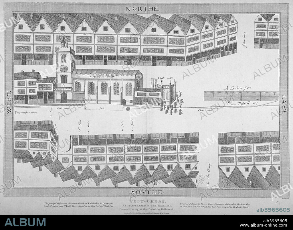 Cheapside, City of London, 1585 (1814). Plan of Cheapside or Westcheap, as it appeared in 1585; showing houses, St Michael le Querne and the Little Conduit.