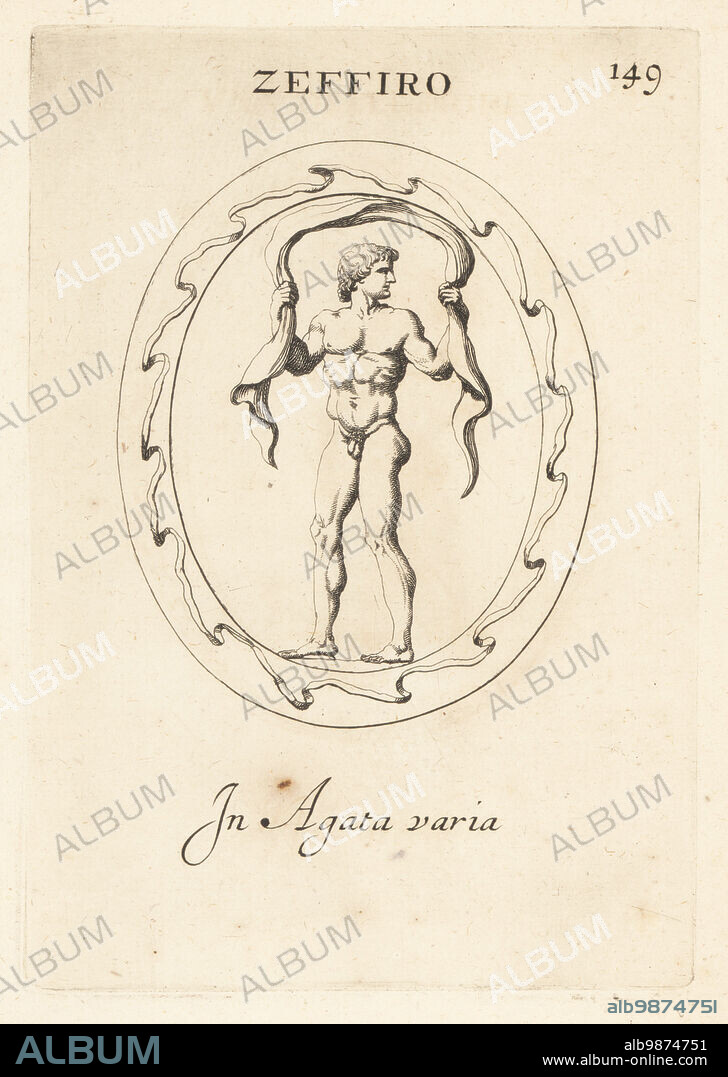 Figure of Zephyrus, Greek god of the west wind. Naked youth holding a sash or fascia above his head flapping in the breeze. In variegated agate. Zeffiro. In agata varia. Copperplate engraving by Giovanni Battista Galestruzzi after Leonardo Agostini from Gemmae et Sculpturae Antiquae Depicti ab Leonardo Augustino Senesi, Abraham Blooteling, Amsterdam, 1685.