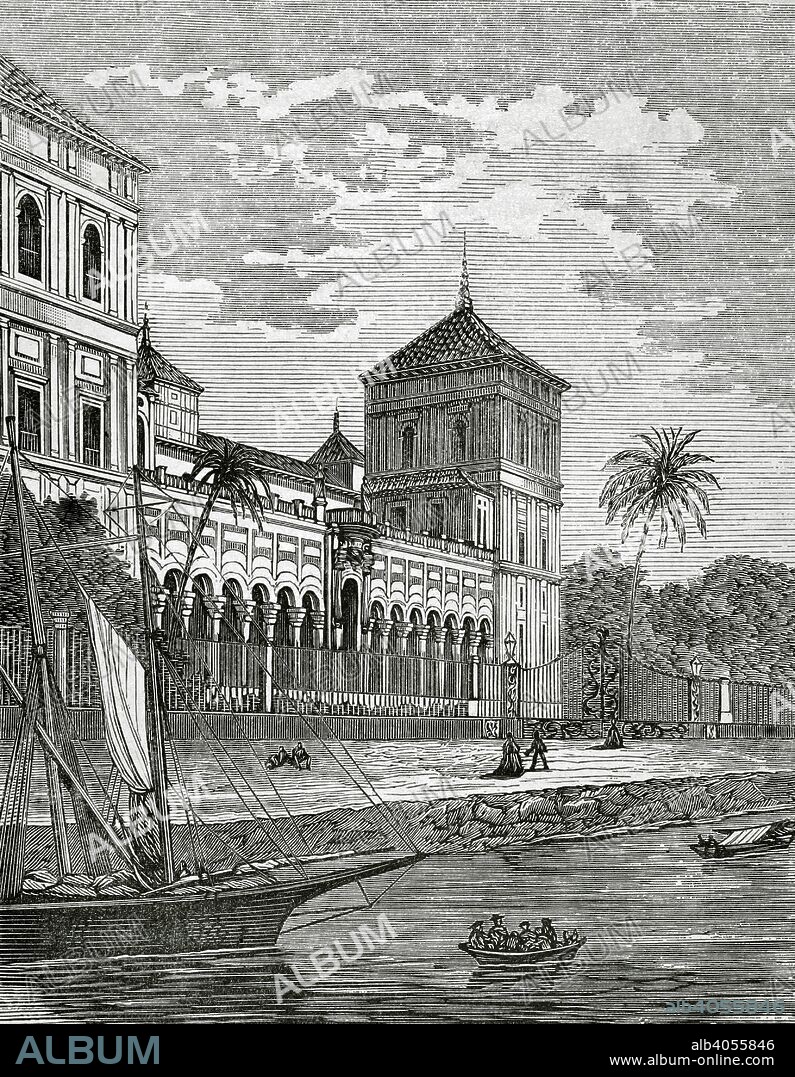 España, Andalucia, Sevilla. Palacio de San Telmo, edificio barroco construido entre los siglo XVII-XVIII. Grabado por Sierra. Crónica General de España, Historia Ilustrada y Descriptiva de sus Provincias. Andalucia, 1867. Biblioteca Histórico Militar de Barcelona. Cataluña, España.