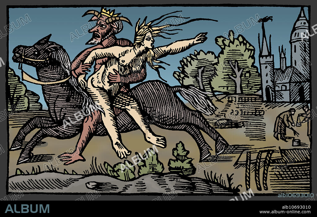 Book 3, Chapter 21. On the Punishment of Witches. A story of a witch from England, not from the North. As a punishment for her evil deeds, all her family died. In her despair, she asked to be buried alive. To the right we see the empty sarcophagus she was buried in and the three chains that sealed it. The grave was broken up and the devil now takes her away on his horse. Olaus Magnus (October 1490 - August 1, 1557) was a Swedish writer and Catholic ecclesiastic. He is best remembered as the author of the famous Historia de Gentibus Septentrionalibus (A Description of the Northern Peoples), printed in Rome 1555, a patriotic work of folklore and history.