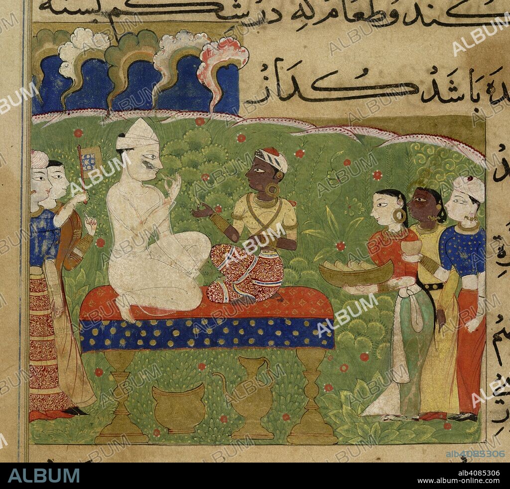 Ghiyath Shahi enjoying betel. The Ni'matnama-i Nasir al-Din Shah. A manuscript o. 1495 - 1505. Enjoyment of betel. Ghiyath Shahi is kneeling on a stool, putting a betel chew in his mouth. There is a night sky, and he is wearing white night clothes. Out of doors with a background of heavy vegetation. A woman attendant is holding a gold bowl of betel. Wine flask in the foreground. A dark girl kneeling before Ghiyath Shahi is offering him another betel chew. This is a continuation of the betel theme - here the enjoyment of betel.Opaque watercolour. Sultanate style.  Image taken from The Ni'matnama-i Nasir al-Din Shah. A manuscript on Indian cookery and the preparation of sweetmeats, spices etc.  Originally published/produced in 1495 - 1505. . Source: I.O. ISLAMIC 149, f.100v. Language: Persian.