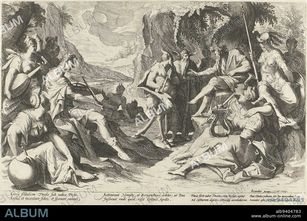A music contest between Pan, in the center of the print, and Apollo, on the left under a tree. All the gods are gathered to watch the contest. The mountain god Tmolus, seated on a throne must pass judgment. He prefers Apollo's lyre to Pan's flute. King Midas, standing next to Pan, however, protests. He is cursed by Apollo and must wear donkey ears for the rest of his life., Midas Judgment, print maker: Nicolaes Jansz. Clock, Karel van Mander (I), (mentioned on object), Franco Estius, Haarlem, 1589, paper, engraving, h 250 mm × w 400 mm.
