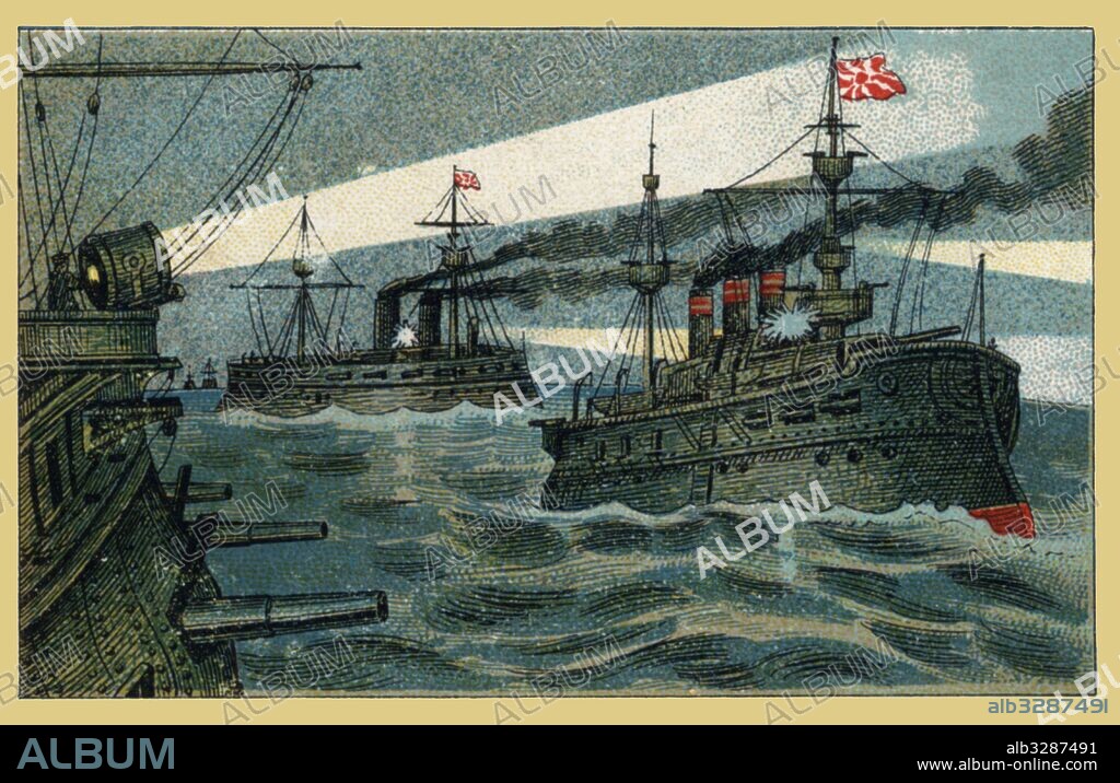 Guerra Ruso-Japonesa (1904-1905). Cruceros japoneses apresan barcos carboneros que suministraban combustible a la escuadra rusa. Cromo de Chocolates Luciano Cunill. Año 1905.