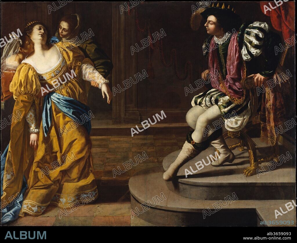 Esther before Ahasuerus. Artist: Artemisia Gentileschi (Italian, born Rome 1593-died Naples 1654 or later). Dimensions: 82 x 107 3/4in. (208.3 x 273.7cm).
The most famous woman painter of the seventeenth century, Artemisia worked in Rome, Florence, Venice, and Naples. This painting, among her most ambitious, recounts the story of the Jewish heroine Esther, who appeared before King Ahasuerus to plead for her people, breaking with court etiquette and risking death. She fainted in the king's presence, but her request found favor. The story is conceived not as a historical recreation but as a contemporary theatrical performance. Initially Artemisia included the detail of a black boy restraining a dog--still partly visible beneath the marble pavement, to the left of Ahasuerus's knee.