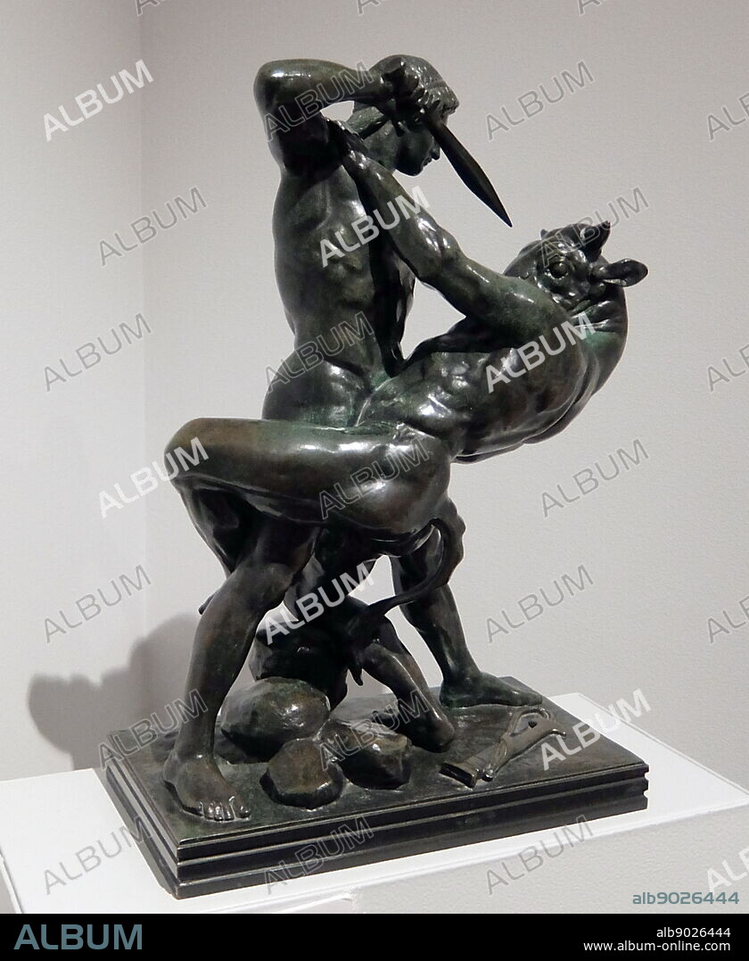 Bronze sculpture titled 'Theseus Slaying the Minotaur' by Antoine-Louis Barye. Antoine-Louis Barye (1795-1875) a Romantic French sculptor.
