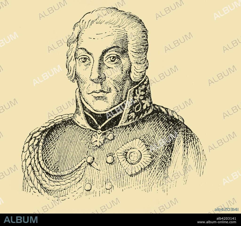 'Hans David Ludwig Graf York von Wartenburg', (1933). Portrait of Prussian field marshal Johann David Ludwig Graf Yorck von  Wartenburg (1759-1830), instrumental in the switching of the Kingdom of Prussia from a French alliance to a Russian alliance during the War of the Sixth Coalition. From "Gestalten Der Weltgeschichte", a book of cigarette-card portrait miniatures of figures in world history from the last four hundred years. [Germany, 1933].