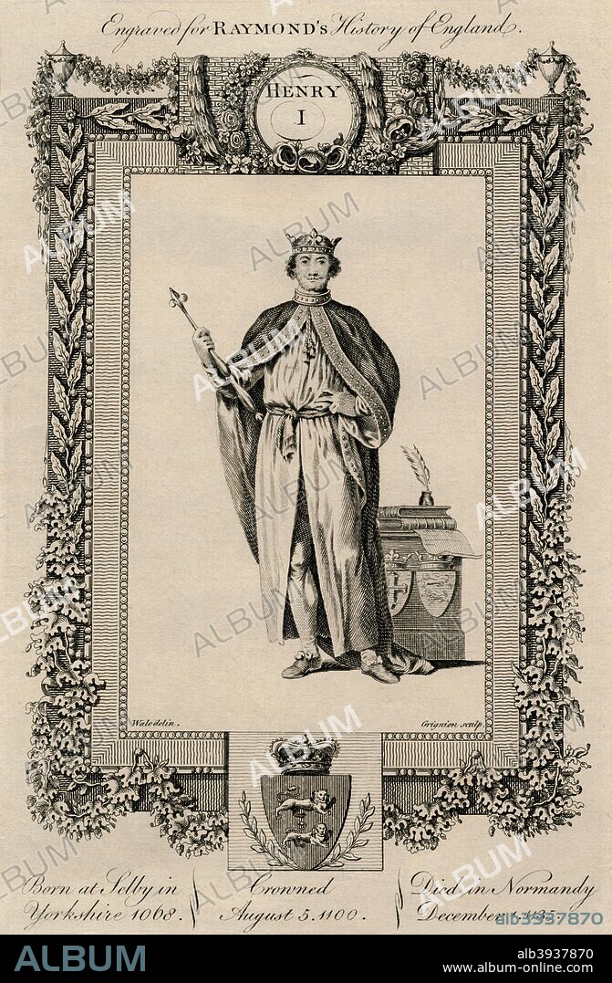 'Henry I', (1068-1135), c1787. Also known as Henry Beauclerc, was King of England from 1100 to his death. He was the fourth son of William the Conqueror and was educated in Latin and the liberal arts. His only legitimate son and heir, William Adelin, drowned in the White Ship disaster of 1120, throwing the royal succession into doubt. From A New, Universal and Impartial History of England by George Frederick Raymond. [J. Cooke, London, c1787].