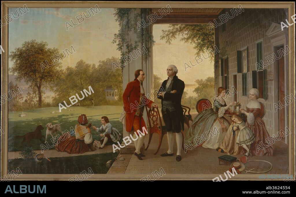 Washington and Lafayette at Mount Vernon, 1784 (The Home of Washington after the War). Artist: Thomas Pritchard Rossiter (1818-1871); Louis Remy Mignot (American, Charleston, South Carolina 1831-1870 Brighton). Dimensions: 87 x 146 1/2 in. (221 x 372.1 cm). Date: 1859.