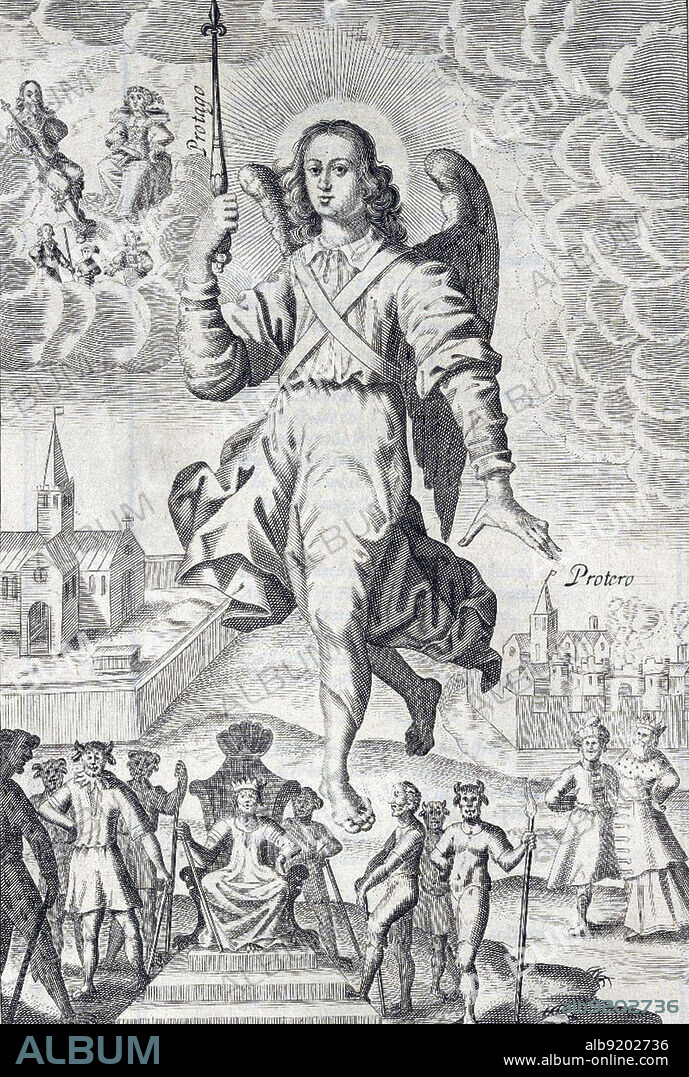 The Principalities, Heavenly Messengers and Soldiers. The most influential Christian angelic hierarchy was that put forward by Pseudo-Dionysius the Areopagite (4th or 5th century) in his book De Coelesti Hierarchia (On the Celestial Hierarchy). He created a schema of three hierarchies (spheres or triads of angels), with each hierarchy containing three orders or choirs. Angels of the third sphere function as heavenly messengers and soldiers. The Principalities (Rulers) are shown wearing a crown and carrying a sceptre. Their duty also is said to be to carry out the orders given to them by the Dominions and bequeath blessings to the material world. Their task is to oversee groups of people. They are the educators and guardians of the realm of earth. Like beings related to the world of the germinal ideas, they are said to inspire living things to many things such as art or science. Taken from "The Hierarchy of the Blessed Angels. Their names, orders and offices the fall of Lucifer with his angels" by Thomas Heywood. Copper-plate engravings by Adam Islip, 1635.