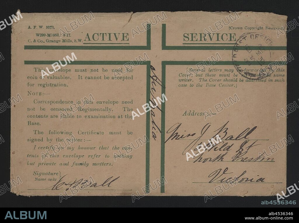 Envelope - Australian 'Active Service', circa 1919, Green printed Australian 'Active Service' envelope post stamped 25 March 1919 and addressed to a Miss J. Ball, 3 Wild Street, North Preston, Melbourne. These envelopes were produced across both the First World War and World War II using the same layout of a green cross with the words 'Active Service' at the top margin of the envelope. Correspondence contained within did not necessarily have to.