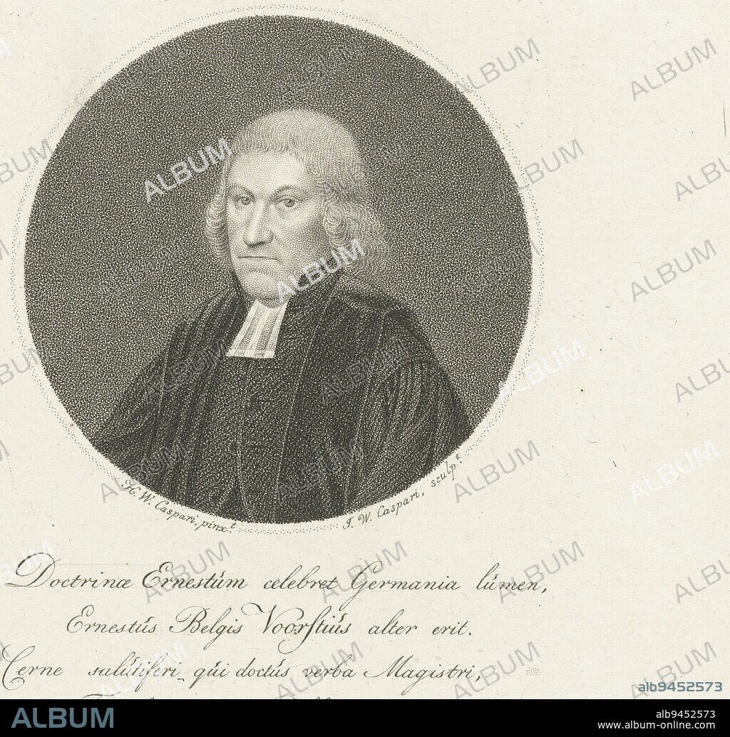 Portrait in round frame of Johannes van Voorst, pastor at Halle near Zutphen, Wageningen and Zierikzee Bust to the left Voorst is wearing a black toga with a white beaf The print has a Latin caption with name of the person portrayed and a poem, Portrait of Johannes van Voorst, print maker: Jan Willem Caspari, (mentioned on object), after: Hendrik Willem Caspari, (mentioned on object), Hieronymus de Bosch, (mentioned on object), Amsterdam, 1789 - 1822, paper, etching, h 171 mm × w 139 mm.