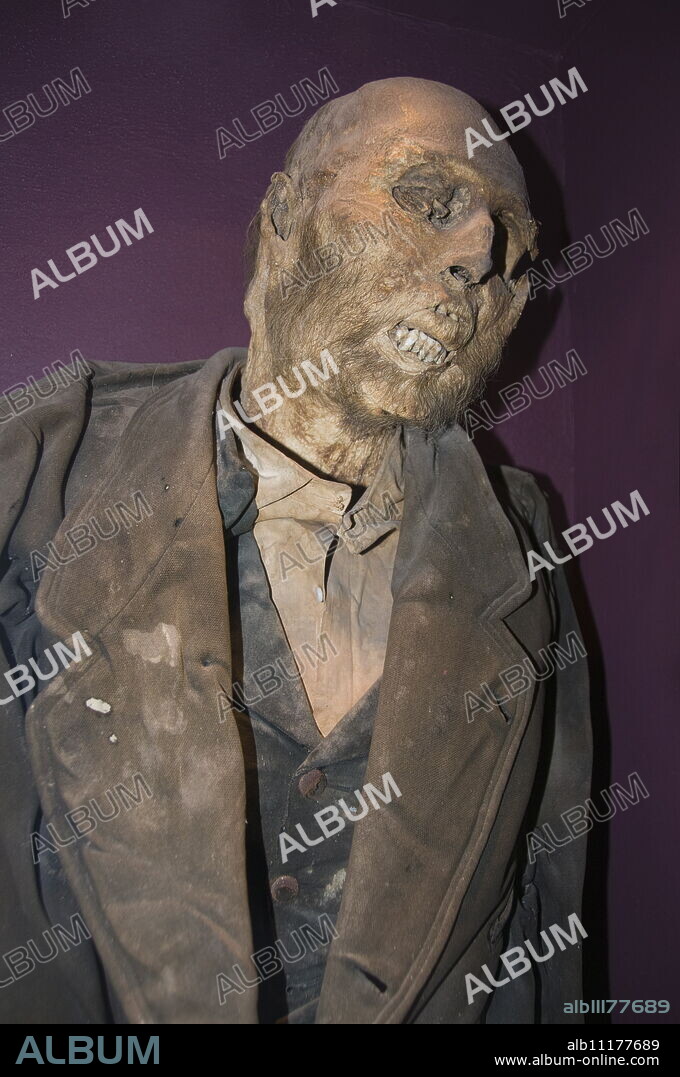 The mummy of Dr. Remigio Leroy, a French doctor, the first mummy placed in the Mummy Museum (Museo de las Momias) in Guanajuato, a World Heritage Site, Guanajuato, Guanajuato State, Mexico, North America.