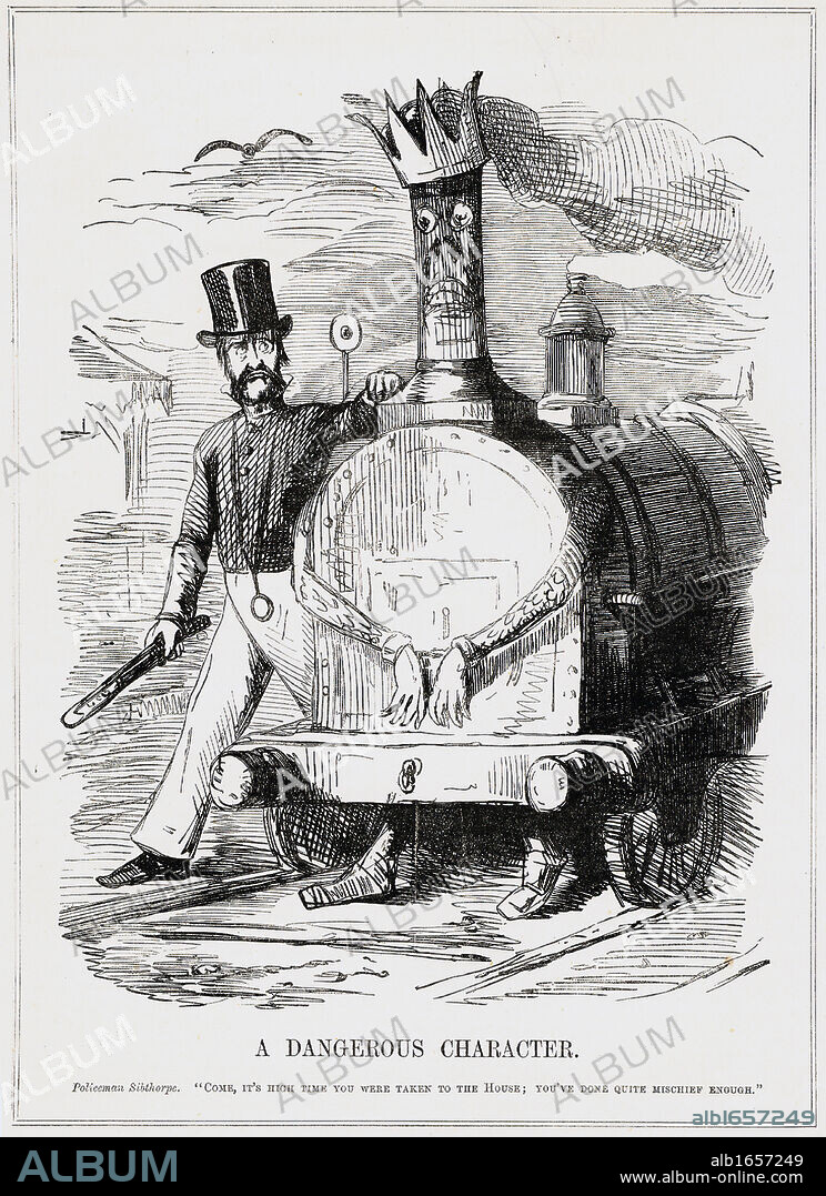 A Dangerous Character': Cartoon from 'Punch', London, 1847, at the time of Railway Mania when rapid expansion of the railways made it necessary for Parliament to pass laws to regulate them. The arresting officer is Colonel Charles Sibthorp, MP for Lincoln, who had the reputation of being against almost everything.