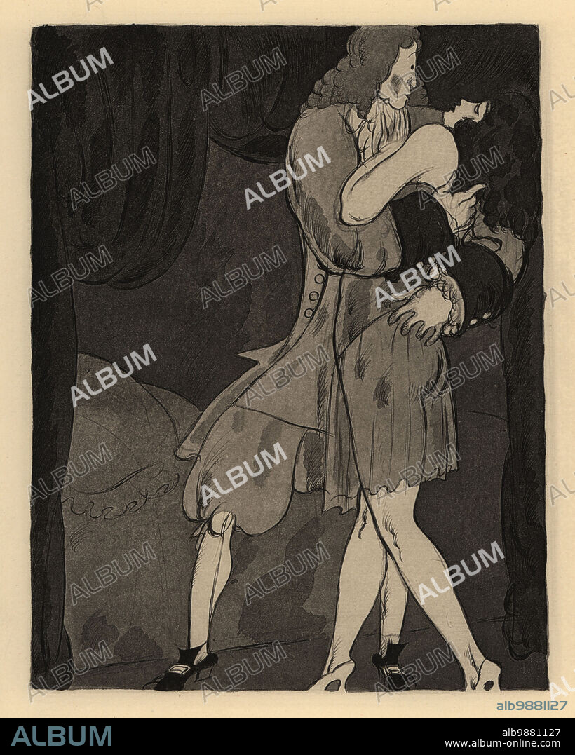 18th century fop with half-naked woman in a bedroom. You cant think of everything. On ne savise jamais de tout. Lithograph after an illustration by Charles Martin from Jean de la Fontaines Contes et Nouvelles en Vers, Tales and Novellas in Verse, Libraire de France, Paris, 1930.