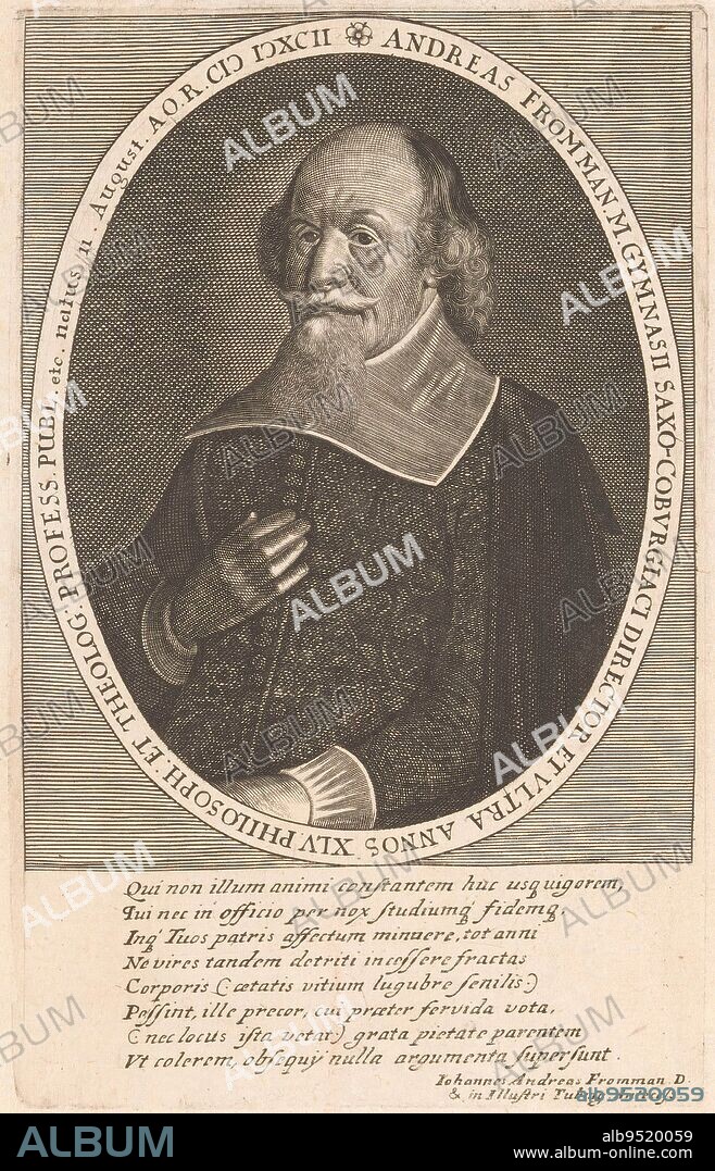 Portrait of Andreas Frommann, Peter Aubry (II), 1665, print maker: Peter Aubry (II), Johann Andreas Frommann, (mentioned on object), print maker: Straatsburg, Tübingen, 1665, paper, engraving, h 197 mm - w 124 mm.