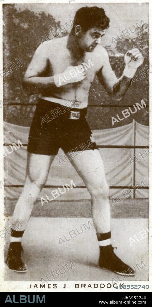 James J Braddock, Irish-American boxer, 1938. Braddock (1905-1974) shocked the boxing world when he defeated World Heavyweight Champion Max Baer on points in 1935. He was regarded as a journeyman fighter and an easy opponent for Baer, who hardly bothered to train for the fight. Braddock lost the title in his only defence when he was knocked out by Joe Louis in the 8th round on 22 June 1937. A Churchman's Cigarettes picture card.