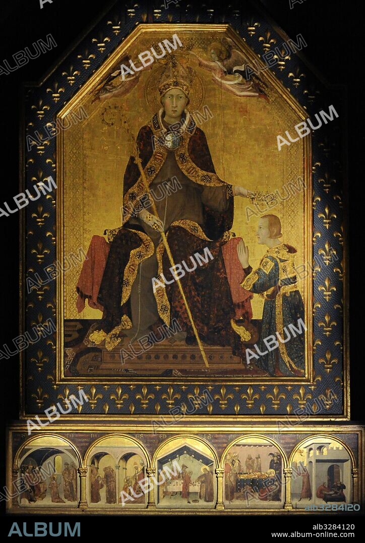 Simone Martini (h.1284-1344). Pintor italiano de la escuela sienesa. San Luís de Tolosa coronando a Roberto de Anjou, rey de Nápoles, 1317. En la predela, escenas de la vida del santo. Museo de Capodimonte. Nápoles. Italia.
