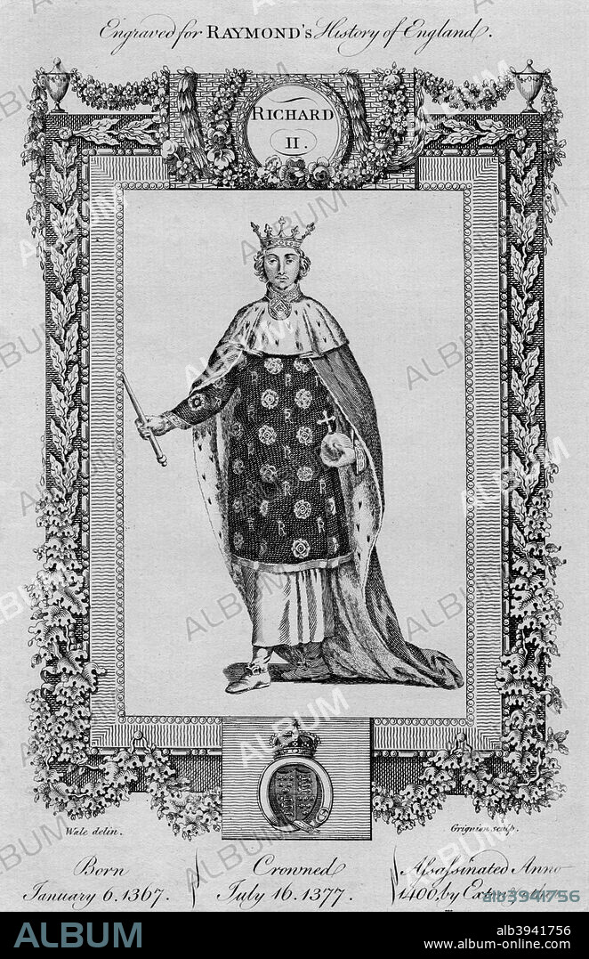 'Richard II', (1367-1400), c1787. Also known as Richard of Bordeaux, was King of England from 1377 until he was deposed on 30 September 1399. He succeeded the throne at the age of ten. The first major challenge to his reign was the Peasants' Revolt in 1381. The young king played a major part in the successful suppression of this crisis. From A New, Universal and Impartial History of England by George Frederick Raymond. [J. Cooke, London, c1787].