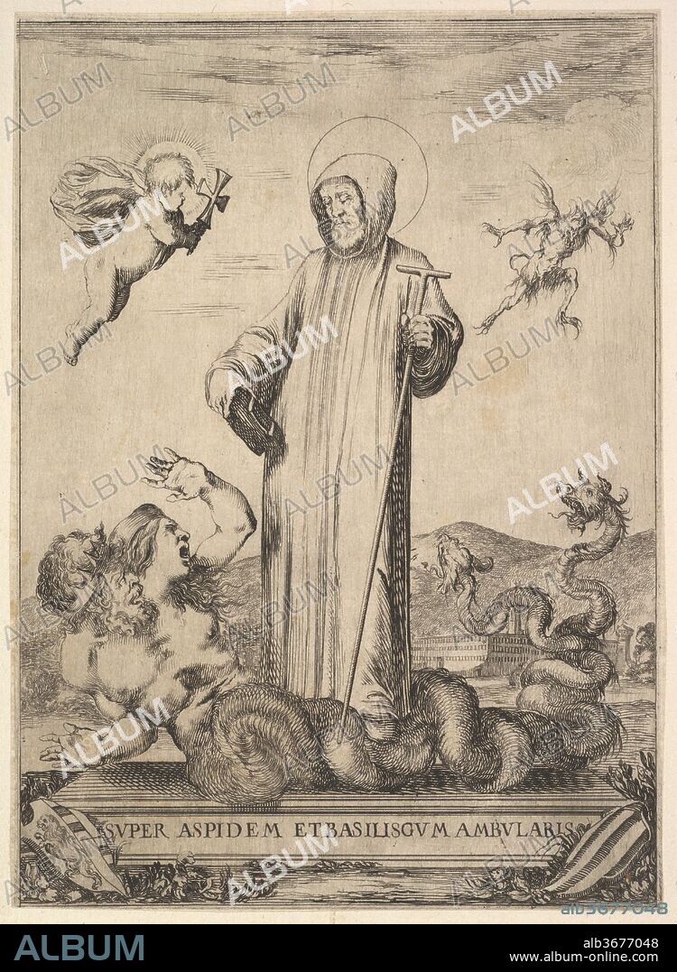 Saint Jean Gualbert trampling a monster with two human heads and a serpentine body, a flying demon in background to right, an angel with a cross flying to left, from 'Frontispiece and four scenes from the life of Saint John Gualbert' (Frontispice et quatre vignettes pour une vie de Saint Jean Gualbert). Artist: Stefano della Bella (Italian, Florence 1610-1664 Florence). Dimensions: Sheet: 7 1/2 x 5 7/16 in. (19 x 13.8 cm)
Mount: 8 1/16 x 6 in. (20.5 x 15.3 cm). Series/Portfolio: 'Frontispiece and four scenes of the life of Saint Jean Gualbert' (Frontispice et quatre vignettes pour une vie de Saint Jean Gualbert). Date: 1640.