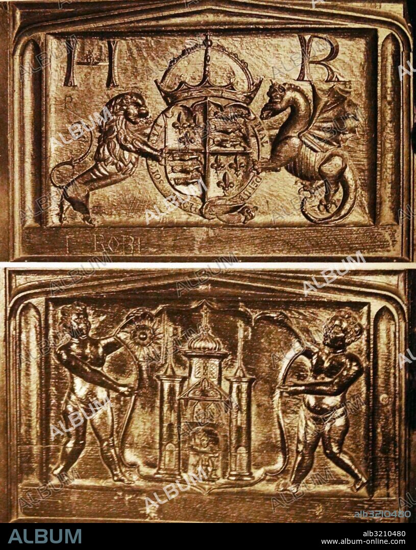 16th Century panel decorating the sub stall of the choir in Winchester Cathedral, a Church of England cathedral in Winchester. Dated 19th Century.