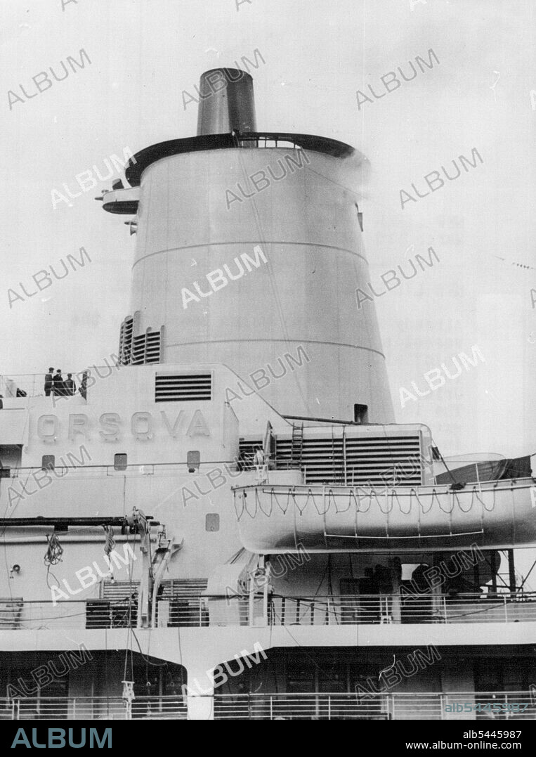 New Liner has 'Welsh Bonnet' Funnel: Already named 'the Welsh Bonnet' by the vessel's commander, Captain N.A. Whinfield, is the unusual top of the funnel - pictured here - of the new Orient liner Orsova (28,000 tons). The funnel's ability to disperse smoke and smut has already been tested in the fitting-out basin and will be tested still more thoroughly at sea during the Orsova's trials, which will begin about March 10. The new liner, built in Vickers-Armstrongs' yard at Barrow-in-Furness, has accommodation for 1,498 passengers. March 3, 1954. (Photo by Reuterphoto).