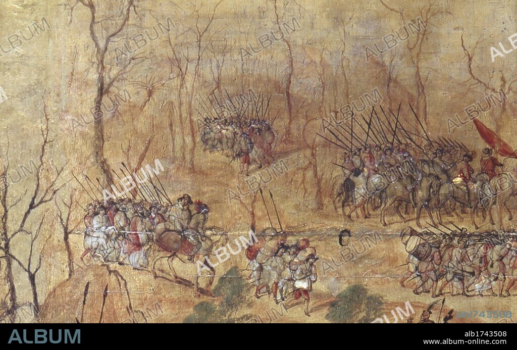 MIGUEL GONZÁLEZ. Conquista de México (1519). "A los españoles hacia tierra adentro les nieva en el camino". Detalle del cuadro enconchado de Miguel González de 1698. Museo de América. Madrid. España.