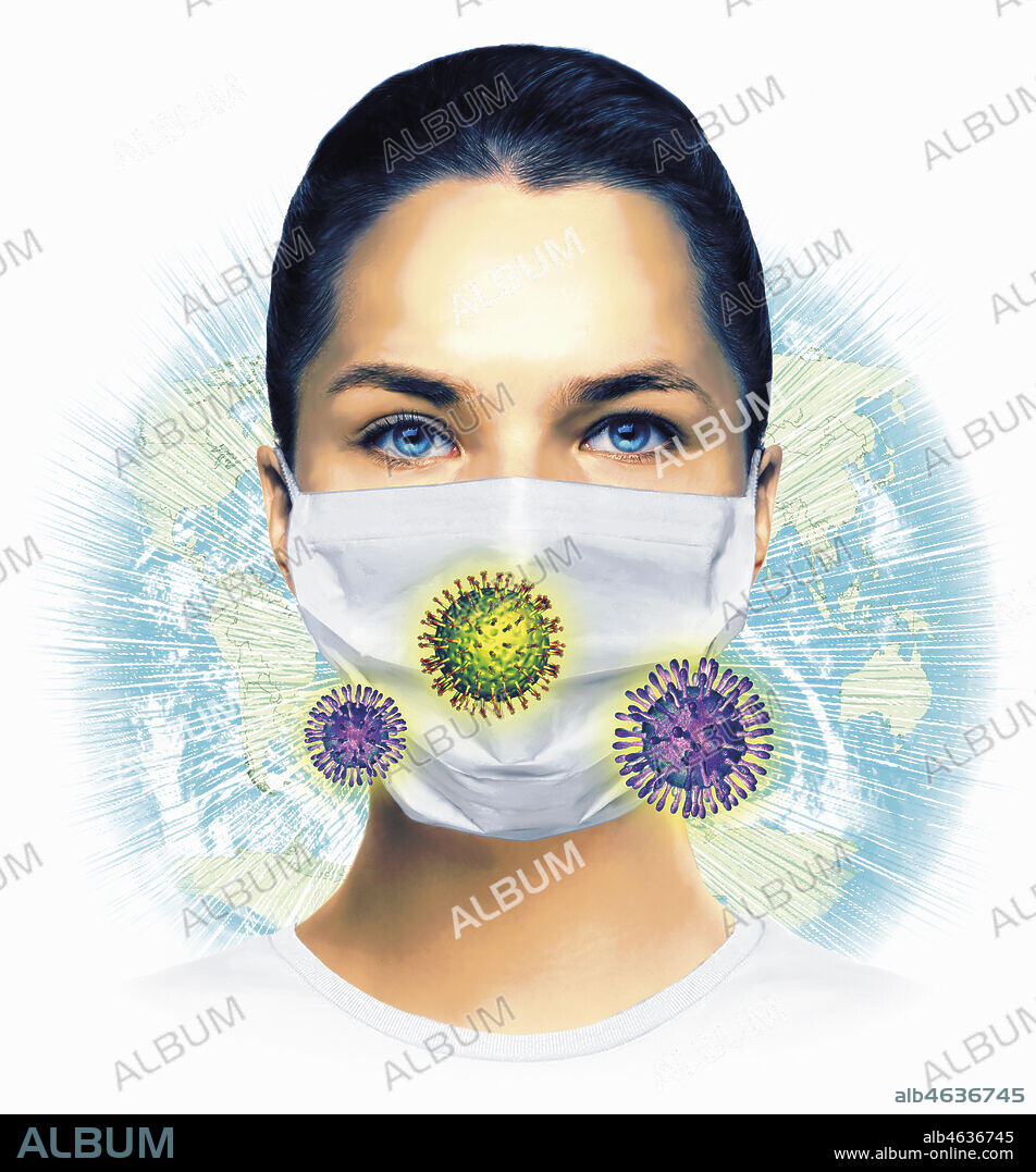 Woman wearing mask, world map and virus organisms.