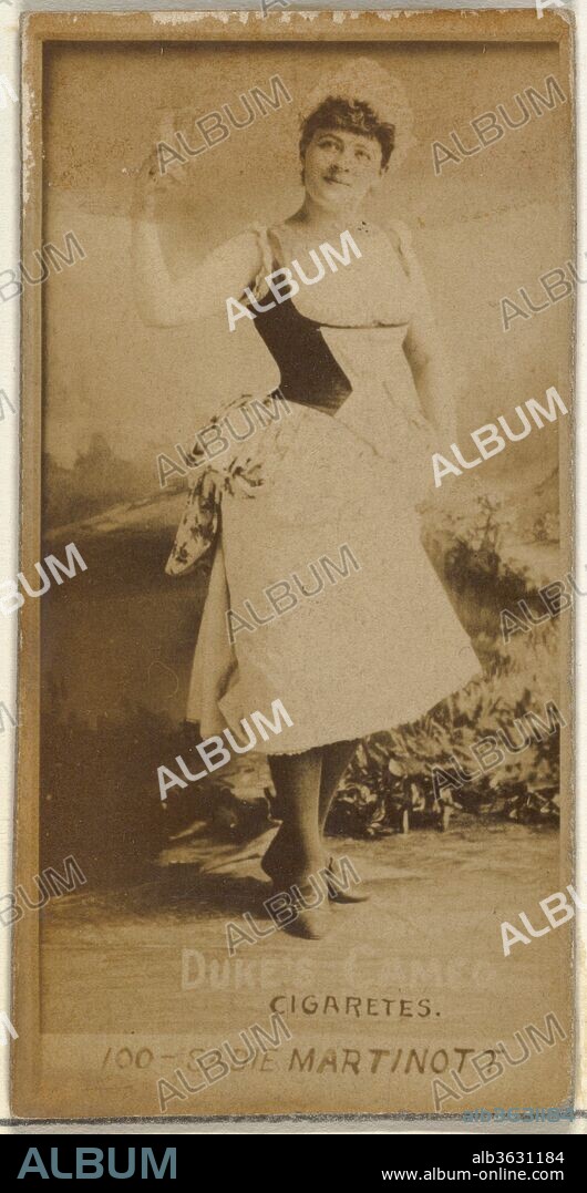 Card Number 100, Sadie Martinot, from the Actors and Actresses series (N145-4) issued by Duke Sons & Co. to promote Cameo Cigarettes. Dimensions: Sheet: 2 11/16 × 1 3/8 in. (6.8 × 3.5 cm). Publisher: Issued by W. Duke, Sons & Co. (New York and Durham, N.C.). Date: 1880s.
Trade cards from the set "Actors and Actresses" (N145-4), issued in the 1880s by W. Duke Sons & Co. to promote Cameo Cigarettes. There are eight subsets of the N145 series. Various subsets sport different card designs and also promote different tobacco brands represented by W. Duke Sons & Company. This card is from the fourth subset, N145-4. Note that actors' names are spelled differently on cards throughout set and are not dependable for accuracy.