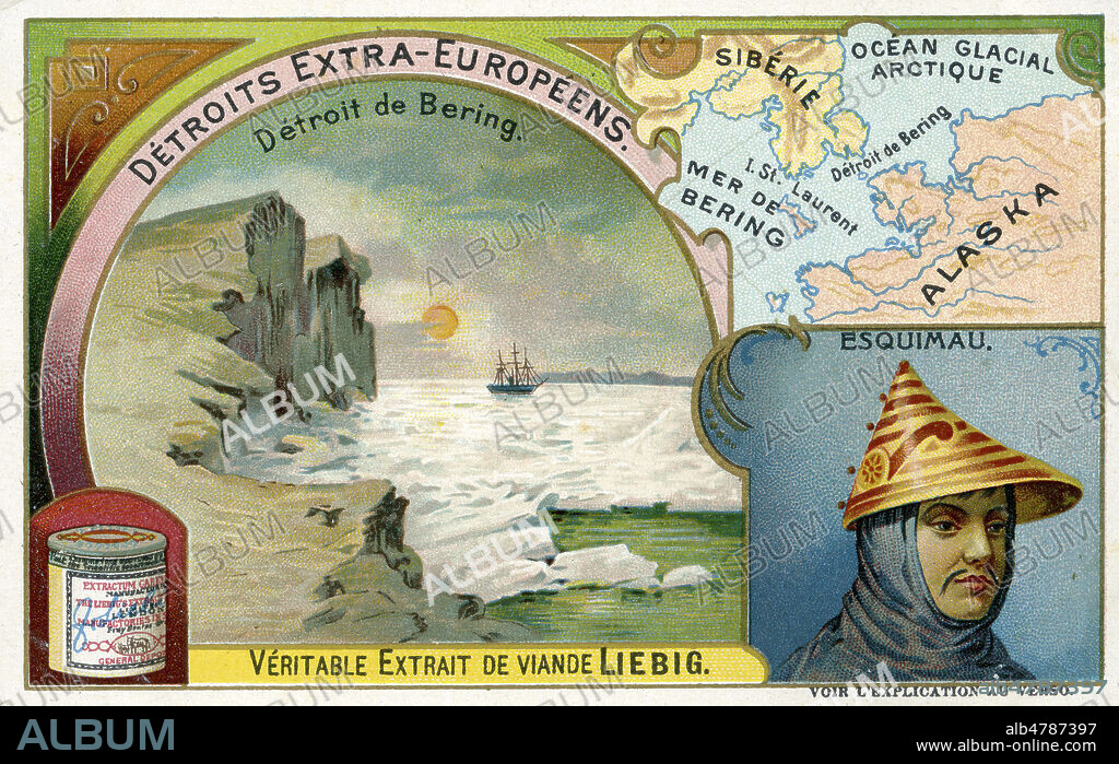 'Detroit de Bering' entre la Siberie et l'Alsaka, decouvert par le navigateur danois Vitus Bering en 1728. Chromo publicitaire Liebig de 1906, serie intitulee 'Detroits extra-europeens'. Credit : Collection IM/KHARBINE-TAPABOR.
